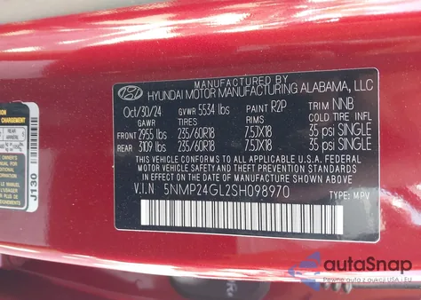 2025 Hyundai Santa Fe Sel from USA, damaged, VIN 5NMP24GL2SH098970